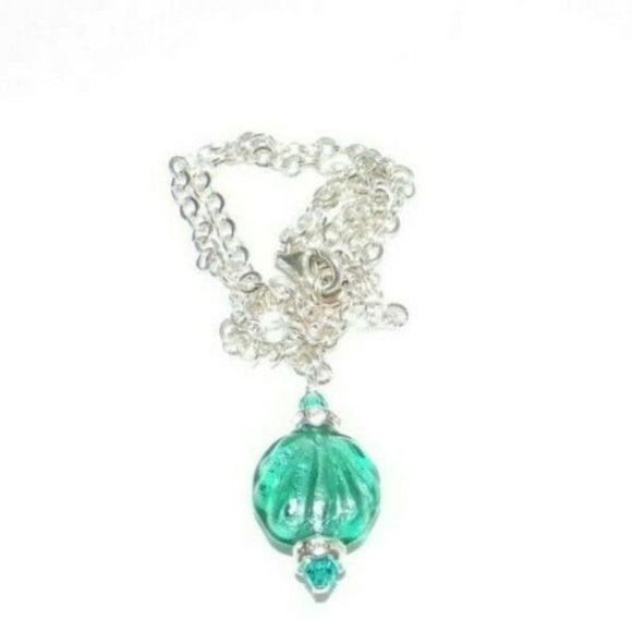 18" Sterling Silver Green Foil Lampwork Necklace - Picture 4 of 6